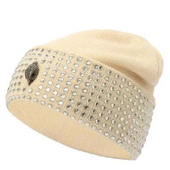 SOLD —- Kurt Geiger 🎁NWT Creme Crystal Blinged Knit Beanie Hat 🎁 Gift Ready - Picture 8 of 9